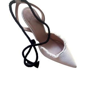 J.Crew Elsie Linen Pointy Toe Pumps Ivory with Black Lace Up straps size 7